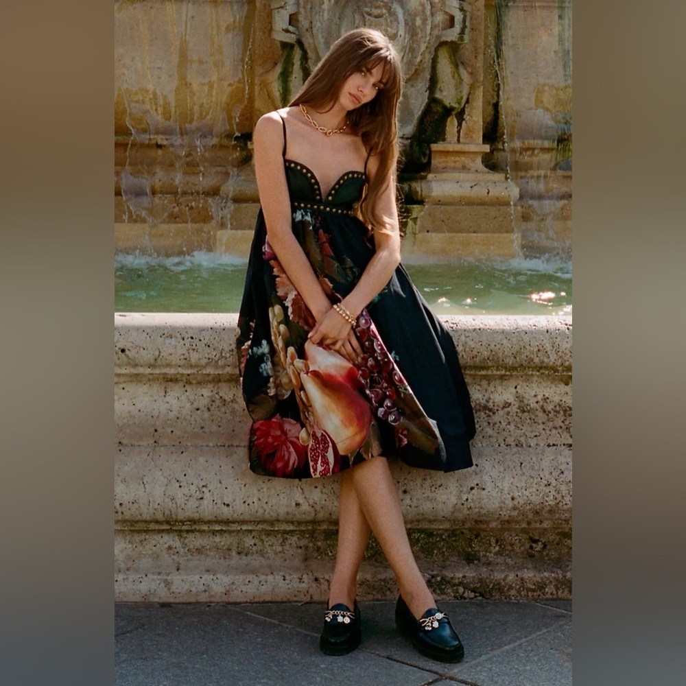 Anthropologie Black Midi Dress with Fruit Print - Picture 2 of 9